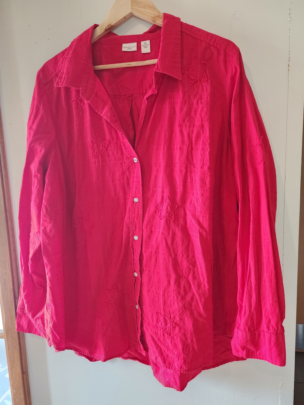 Westbound Red Button-Front Star-Embroidered Blouse